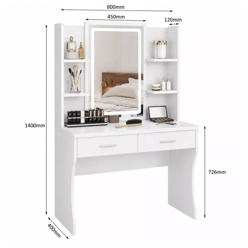 LEAN kosmeetikalaud LED-peegli, riiulite, sahtlitega, valge 140x80x40 cm