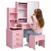 LEAN Kosmeetikalaud peegliga, 4 sahtlit, riiulid ja taburet, roosa 130x80x36 cm