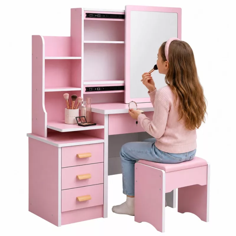 LEAN Kosmeetikalaud peegliga, 4 sahtlit, riiulid ja taburet, roosa 130x80x36 cm