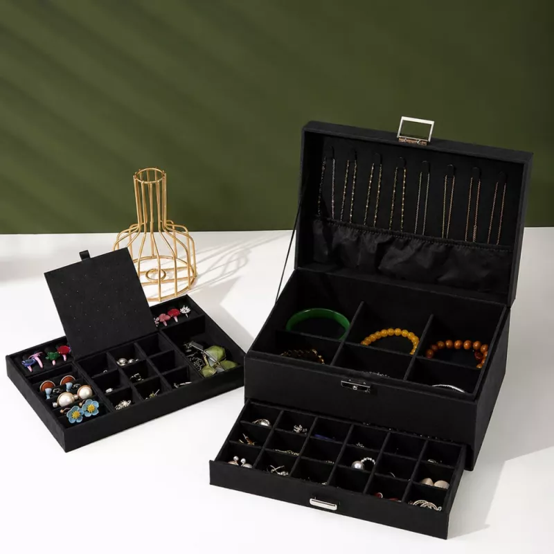 LEAN Jewelry Organizer Box with Drawer and Key, Black Velvet