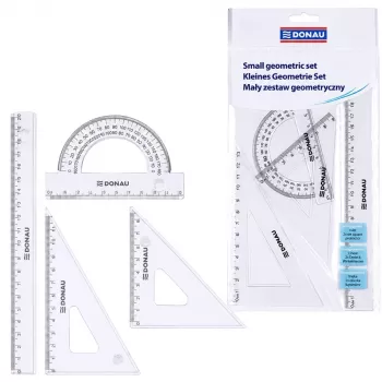 LEAN SCHOOL DONAU väike geomeetriakomplekt 20 cm joonlaua, kolmnurkade ja malliga, läbipaistev