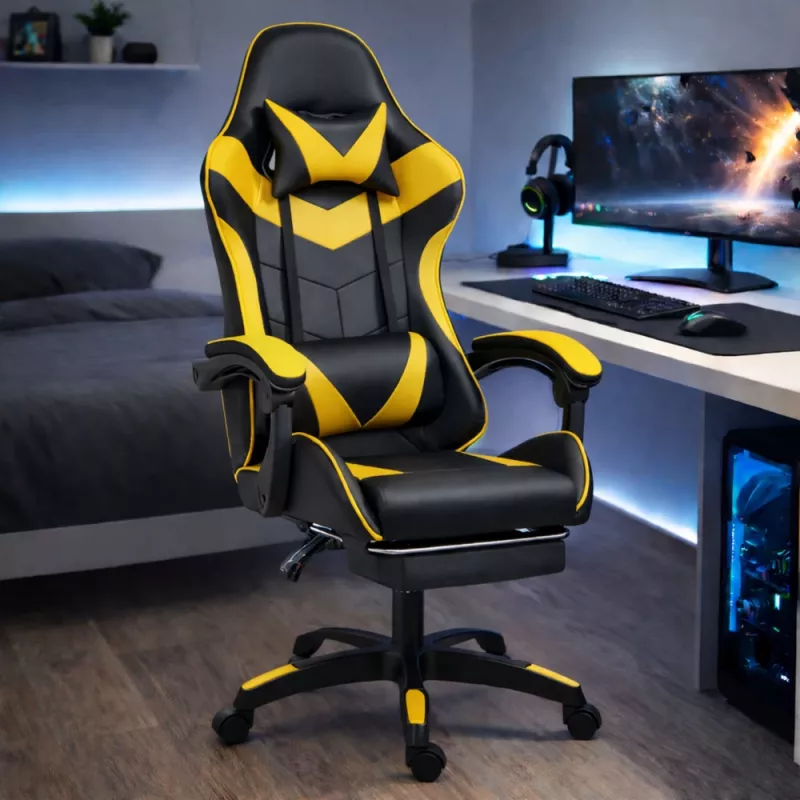 LEAN Swivel Office Gaming Chair with Footrest and Cushions, Black and Yellow