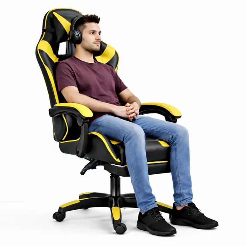 LEAN Swivel Office Gaming Chair with Footrest and Cushions, Black and Yellow