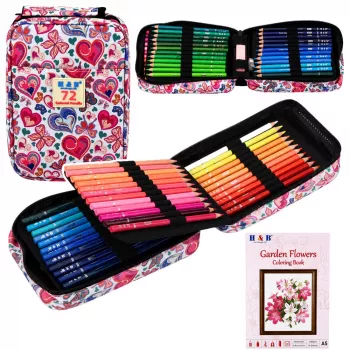 LEAN Three-Compartment Pencil Case with Coloring Book, Flowers, Sharpener, Eraser, Crayons - 72 Pieces