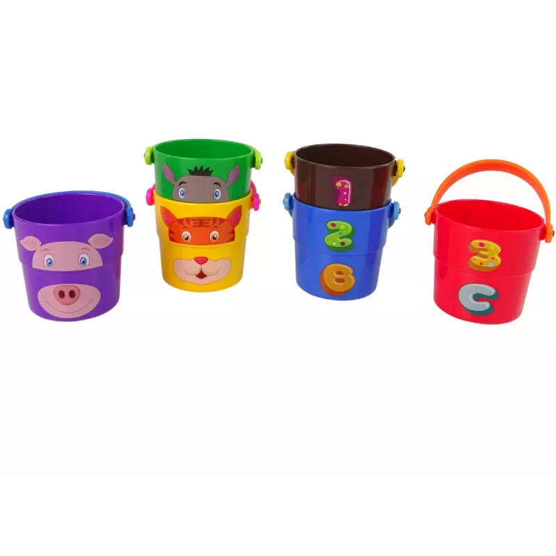 LEAN TOYS Värviliste ämbrite komplekt loomadega - püramiid