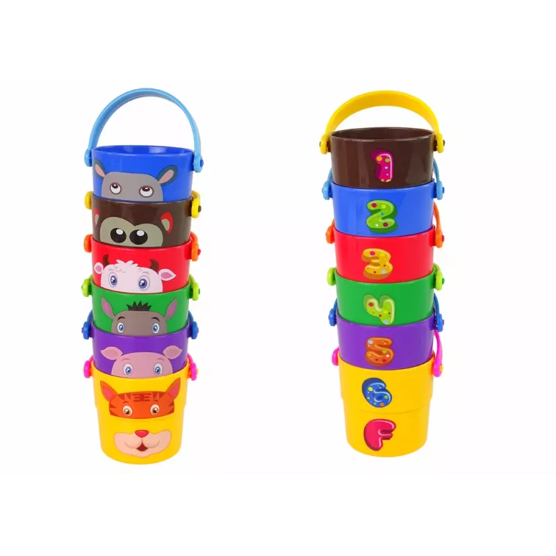 LEAN TOYS Värviliste ämbrite komplekt loomadega - püramiid