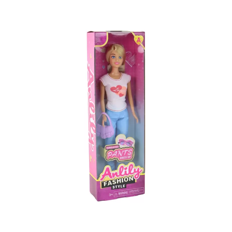 LEAN TOYS Anlily laste nukk pikkade blondide juuste, käekoti, prillide ja valge pluusiga
