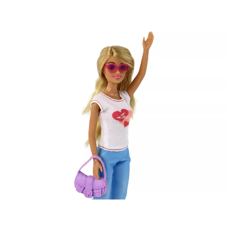 LEAN TOYS Anlily laste nukk pikkade blondide juuste, käekoti, prillide ja valge pluusiga