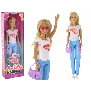 LEAN TOYS Anlily laste nukk pikkade blondide juuste, käekoti, prillide ja valge pluusiga