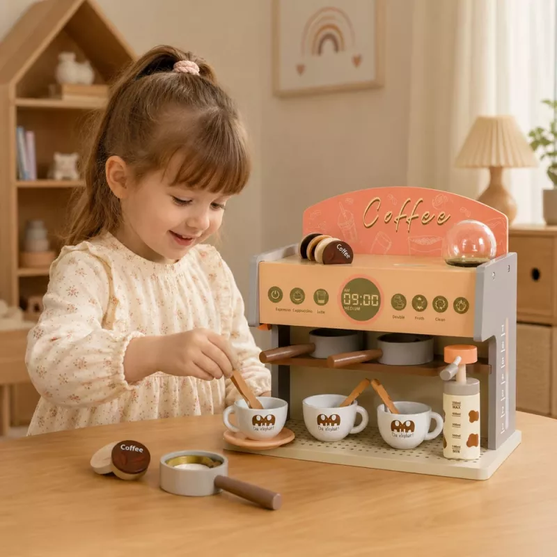LEAN TOYS Barista Set Coffee Maker Wooden Accessories Pink