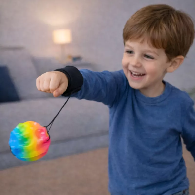 LEAN TOYS Hüppepall elastse nööriga, sensoorne, mõlkidega, värviline, 6 cm