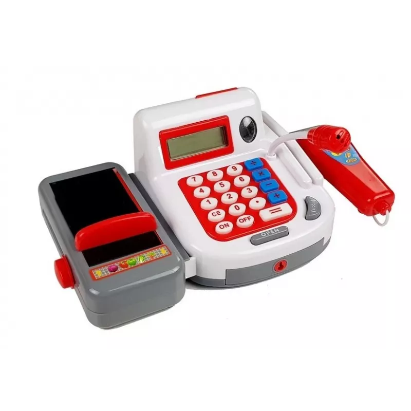 LEAN TOYS Kassaregister koos ostukorvide ja tarvikutega | 35-osaline mängukomplekt töötava kalkulaatori, valgustatava skanneri, mikrofoni, ostukorvi ja korviga | Vanusele 3+