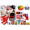 LEAN TOYS Kassaregister koos ostukorvide ja tarvikutega | 35-osaline mängukomplekt töötava kalkulaatori, valgustatava skanneri, mikrofoni, ostukorvi ja korviga | Vanusele 3+