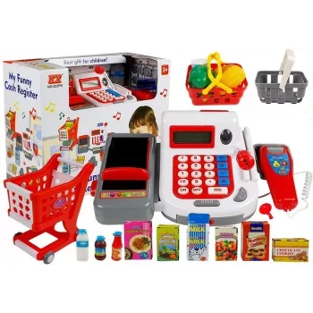 LEAN TOYS Kassaregister koos ostukorvide ja tarvikutega | 35-osaline mängukomplekt töötava kalkulaatori, valgustatava skanneri, mikrofoni, ostukorvi ja korviga | Vanusele 3+