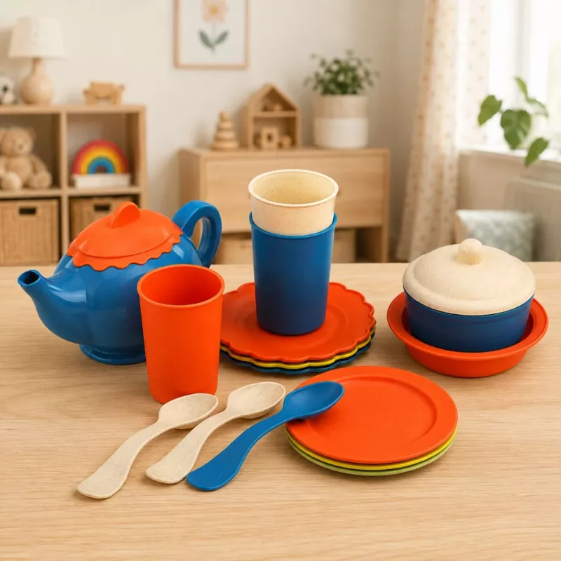 LEAN TOYS Laste bambuskiust söögiriistade komplekt, sinine ja oranž, 15 tk