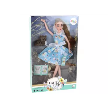 LEAN TOYS Laste nukk Emily Spring pikkade juuste ja sinise kleidiga kassipoeg