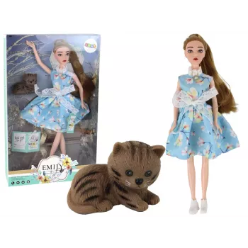LEAN TOYS Laste nukk Emily Spring pikkade juuste ja sinise kleidiga kassipoeg