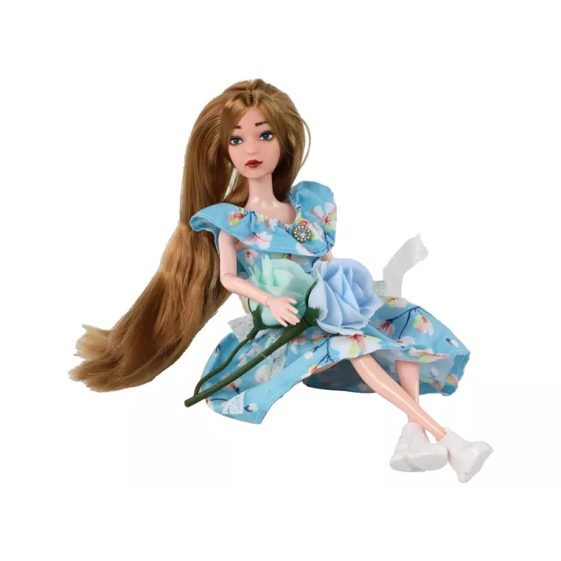 LEAN TOYS Laste nukk Emily Spring pikkade juuste ja sinise lillekleidiga