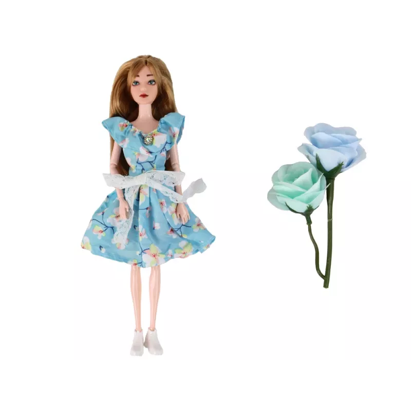 LEAN TOYS Laste nukk Emily Spring pikkade juuste ja sinise lillekleidiga