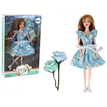LEAN TOYS Laste nukk Emily Spring pikkade juuste ja sinise lillekleidiga