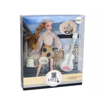 LEAN TOYS Laste nukk Emily kitarriga, prillidega, pikkade blondide juuste ja kassipojaga