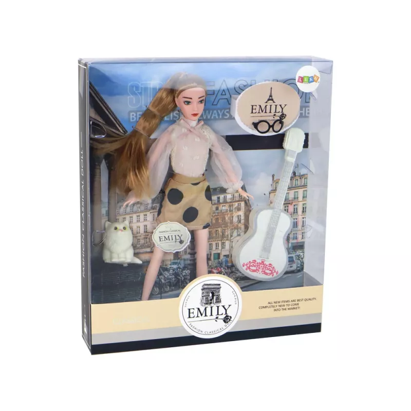 LEAN TOYS Laste nukk Emily kitarriga, prillidega, pikkade blondide juuste ja kassipojaga
