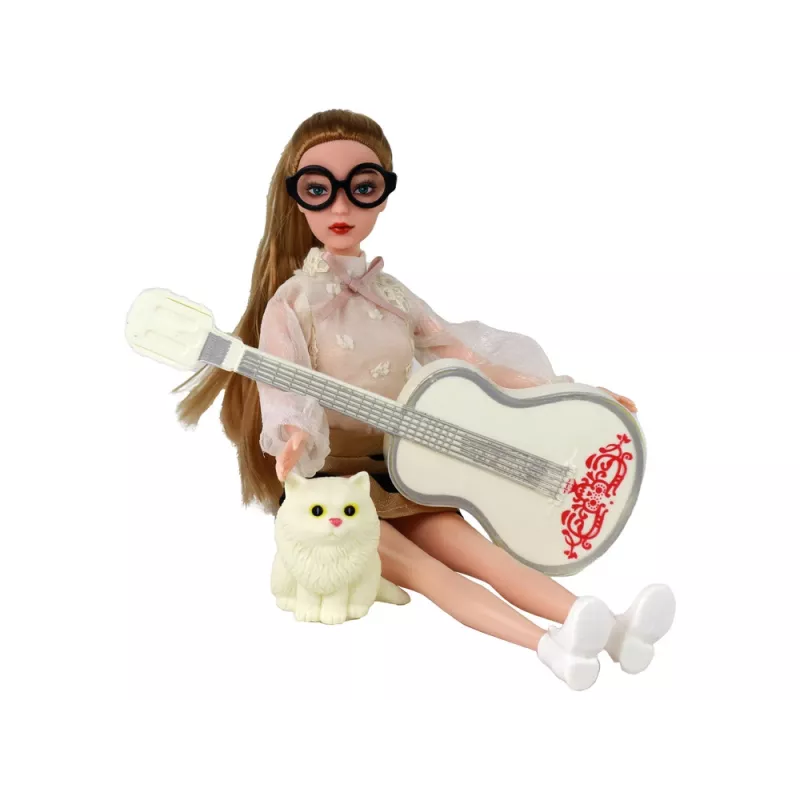 LEAN TOYS Laste nukk Emily kitarriga, prillidega, pikkade blondide juuste ja kassipojaga