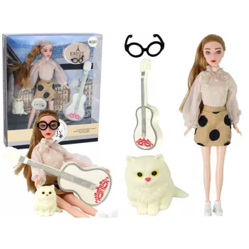 LEAN TOYS Laste nukk Emily kitarriga, prillidega, pikkade blondide juuste ja kassipojaga