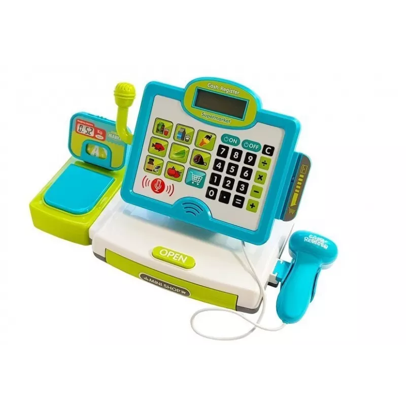 LEAN TOYS laste elektrooniline kassaregister koos korviga - sinine, töötav kalkulaator, heli ja valgus, 25 tarvikut, vanus 3+
