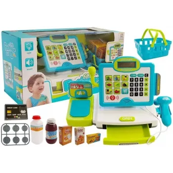LEAN TOYS laste elektrooniline kassaregister koos korviga - sinine, töötav kalkulaator, heli ja valgus, 25 tarvikut, vanus 3+