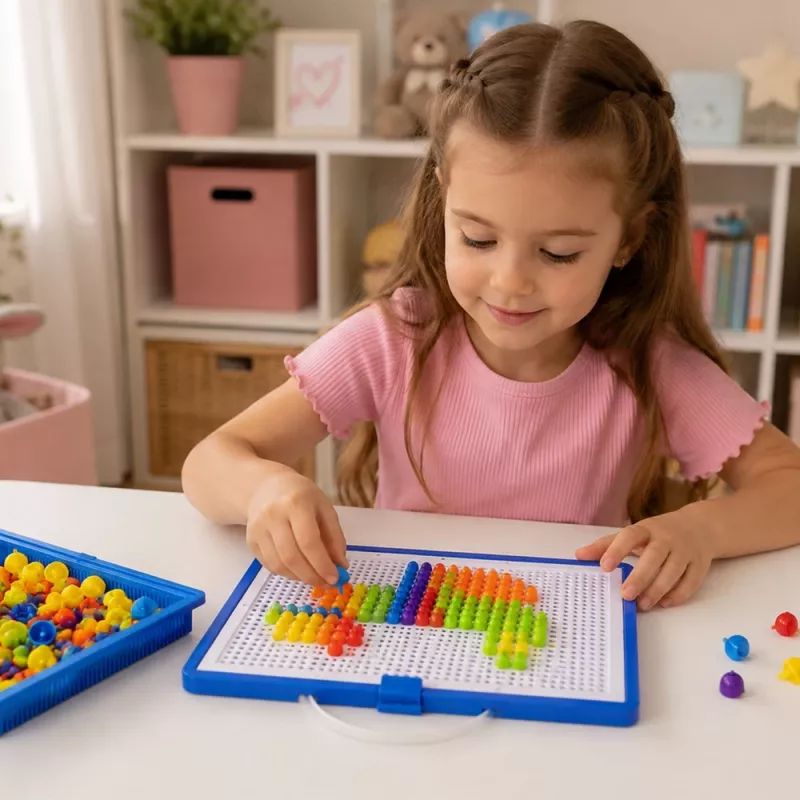 LEAN TOYS loominguline komplekt nööpmosaiik pusle seened nööpnõelad kohver 300 tk