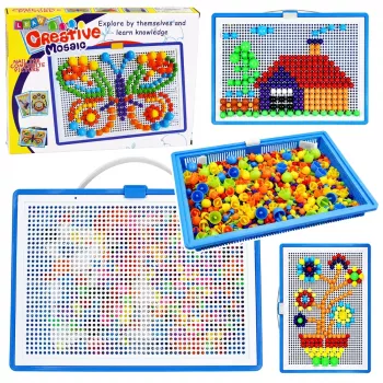 LEAN TOYS loominguline komplekt nööpmosaiik pusle seened nööpnõelad kohver 300 tk