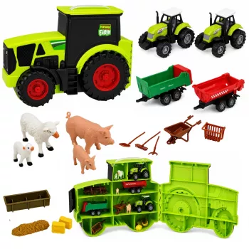 LEAN TOYS Farm Set traktori, põllumajandussõidukite, loomade ja tarvikutega – 28-osaline mängukomplekt