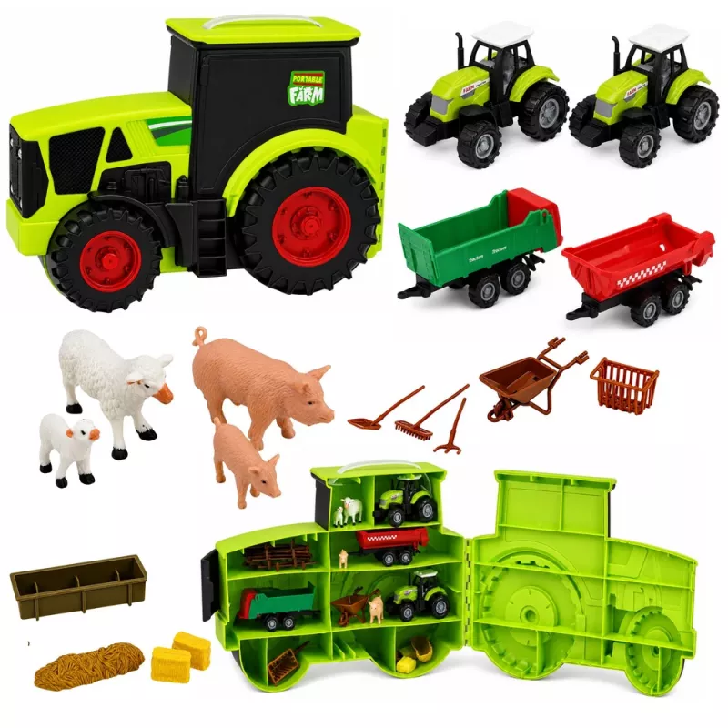 LEAN TOYS Farm Set traktori, põllumajandussõidukite, loomade ja tarvikutega – 28-osaline mängukomplekt