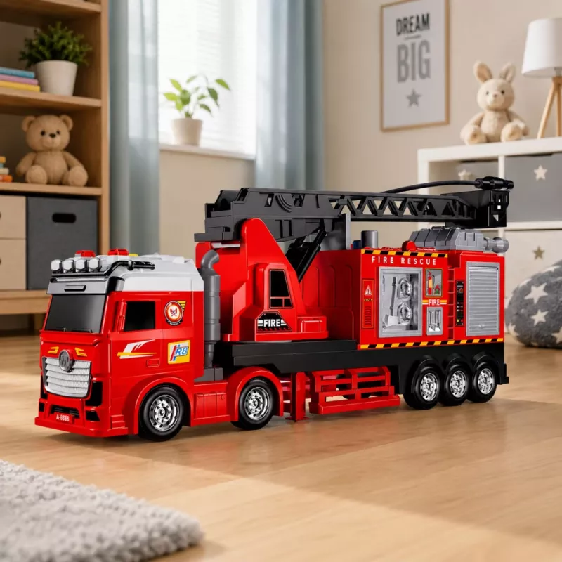 LEAN TOYS Tuletõrjeauto pikendatava redeliga kuni 69 cm, tulede, helide ja veekahuriga