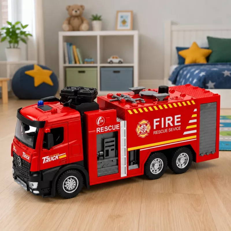 LEAN TOYS Tuletõrjeauto veefunktsiooniga, metallkabiin, tuled, helid 1:12