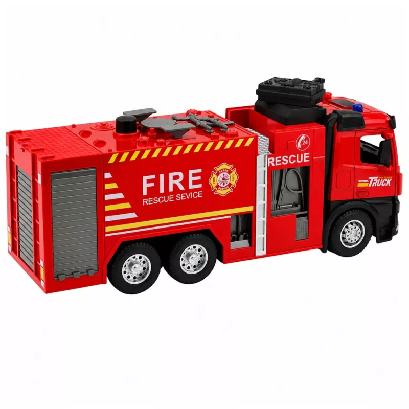 LEAN TOYS Tuletõrjeauto veefunktsiooniga, metallkabiin, tuled, helid 1:12