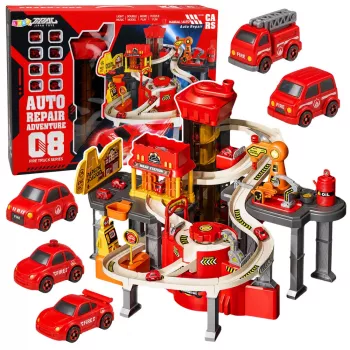LEAN TOYS Interaktiivne Rada Autode Parkimistöökoda Autopesula – Tuletõrje Mängukomplekt 8 autoga