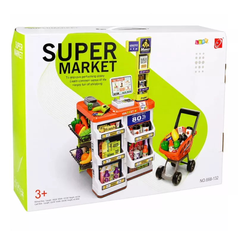 LEAN TOYS Suur supermarketi kassa- ja ostukorvikomplekt - 60 osa heli- ja valgusefektide ning tarvikutega, rollimängumänguasi lastele alates 3. eluaastast