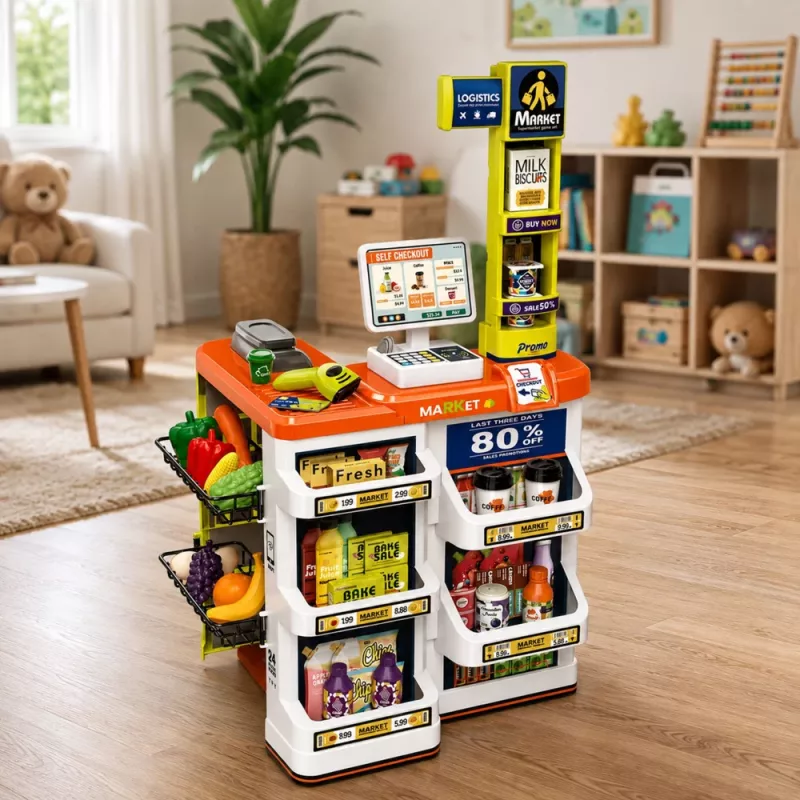 LEAN TOYS Suur supermarketi kassa- ja ostukorvikomplekt - 60 osa heli- ja valgusefektide ning tarvikutega, rollimängumänguasi lastele alates 3. eluaastast