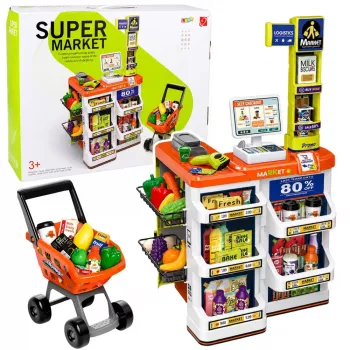 LEAN TOYS Suur supermarketi kassa- ja ostukorvikomplekt - 60 osa heli- ja valgusefektide ning tarvikutega, rollimängumänguasi lastele alates 3. eluaastast