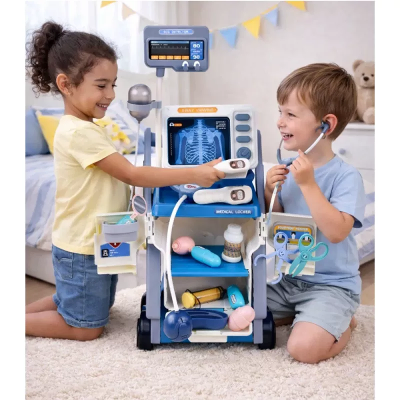 LEAN TOYS Arstikomplekt meditsiinikäru röntgeni- ja EKG-tuledega, sinine, 16 osa