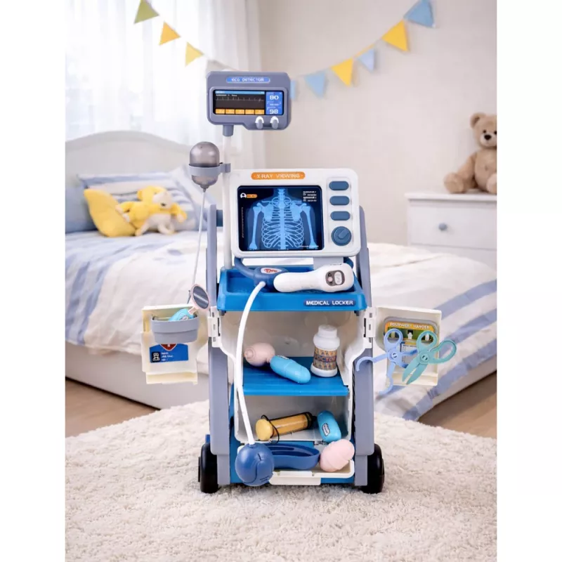 LEAN TOYS Arstikomplekt meditsiinikäru röntgeni- ja EKG-tuledega, sinine, 16 osa