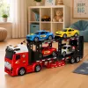 LEAN TOYS Lora Transporter puksiirauto 4 autoga, tuled ja helid – hõõrdejõul töötav mänguautode kandur eemaldatava haagisega