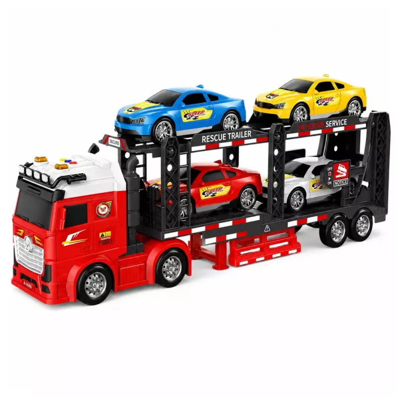 LEAN TOYS Lora Transporter puksiirauto 4 autoga, tuled ja helid – hõõrdejõul töötav mänguautode kandur eemaldatava haagisega