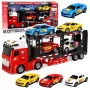 LEAN TOYS Lora Transporter puksiirauto 4 autoga, tuled ja helid – hõõrdejõul töötav mänguautode kandur eemaldatava haagisega