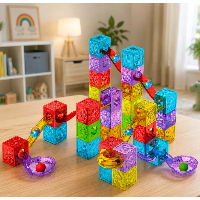 LEAN TOYS magnetilised ehitusklotsid 60 tk - värviline kuubiku palli raja ehituskomplekt