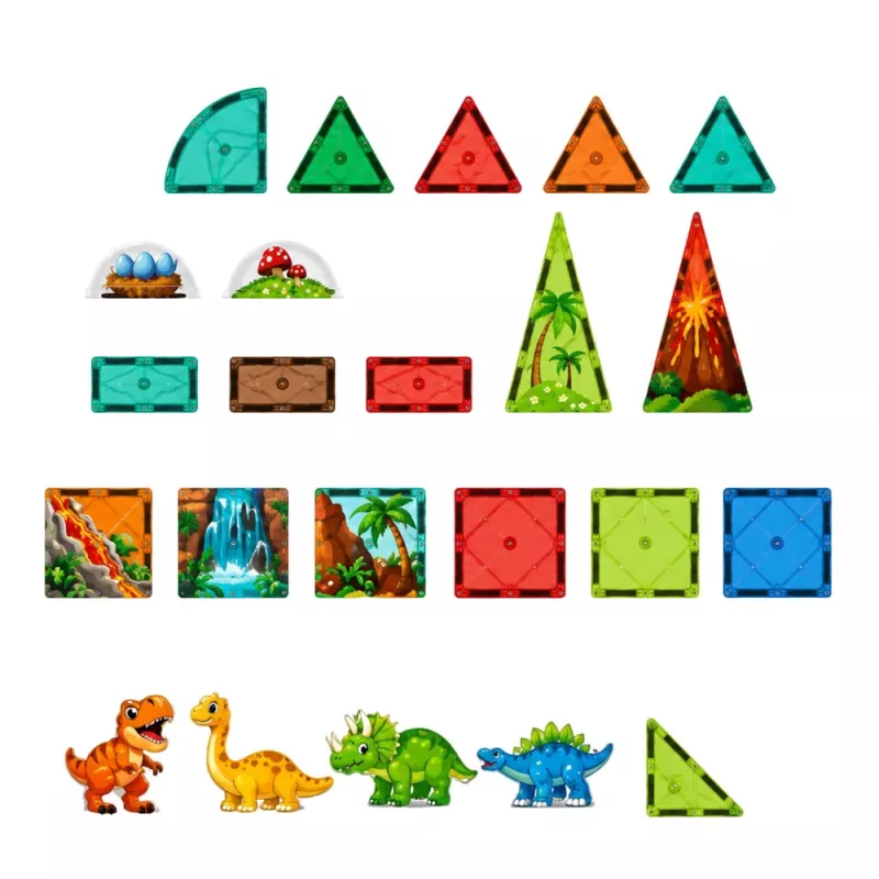 LEAN TOYS Magnetilised ehitusklotsid dinosaurused vulkaanikomplekt – 43-osaline STEM õppemänguasi lastele alates 3. eluaastast