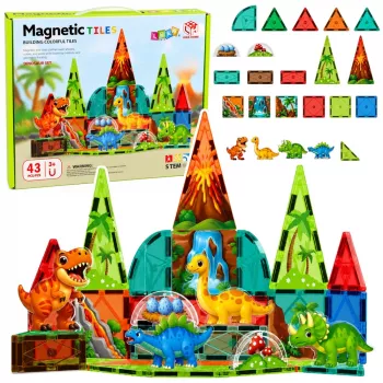 LEAN TOYS Magnetilised ehitusklotsid dinosaurused vulkaanikomplekt – 43-osaline STEM õppemänguasi lastele alates 3. eluaastast