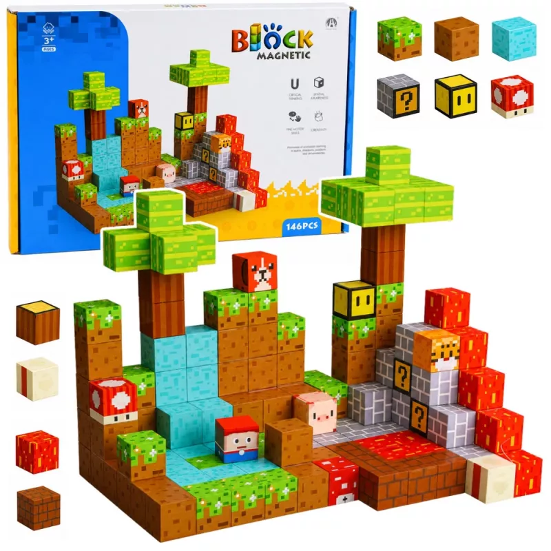 LEAN TOYS Magnetilised ehitusklotsid Pixel World värvilised kuubikud 146 tk